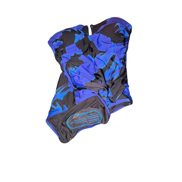 DKNY Strapless Ruched One Piece Swimsuit Blue Black Abstract Print M - Picture 2 of 3